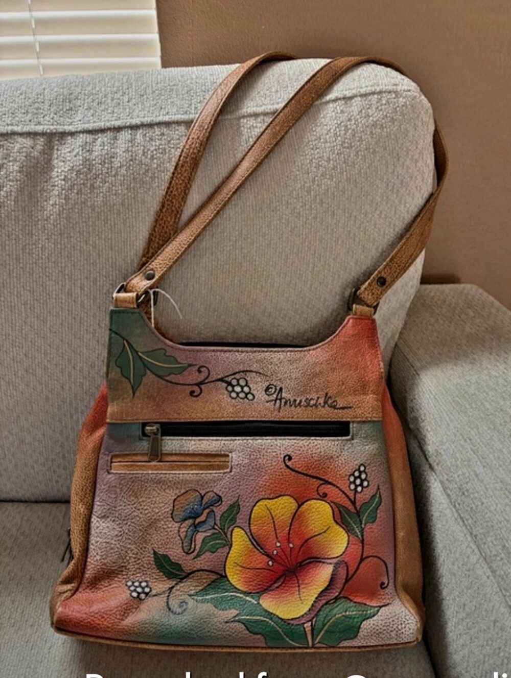 Anuschka Hand-Painted Orange Multicolor Floral Leather Shoulder Bag